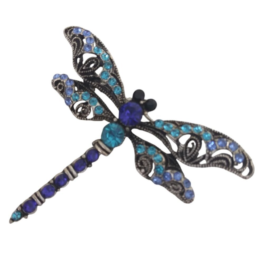 Silver Tone Blue Rhinestone Dragonfly Brooch Pin